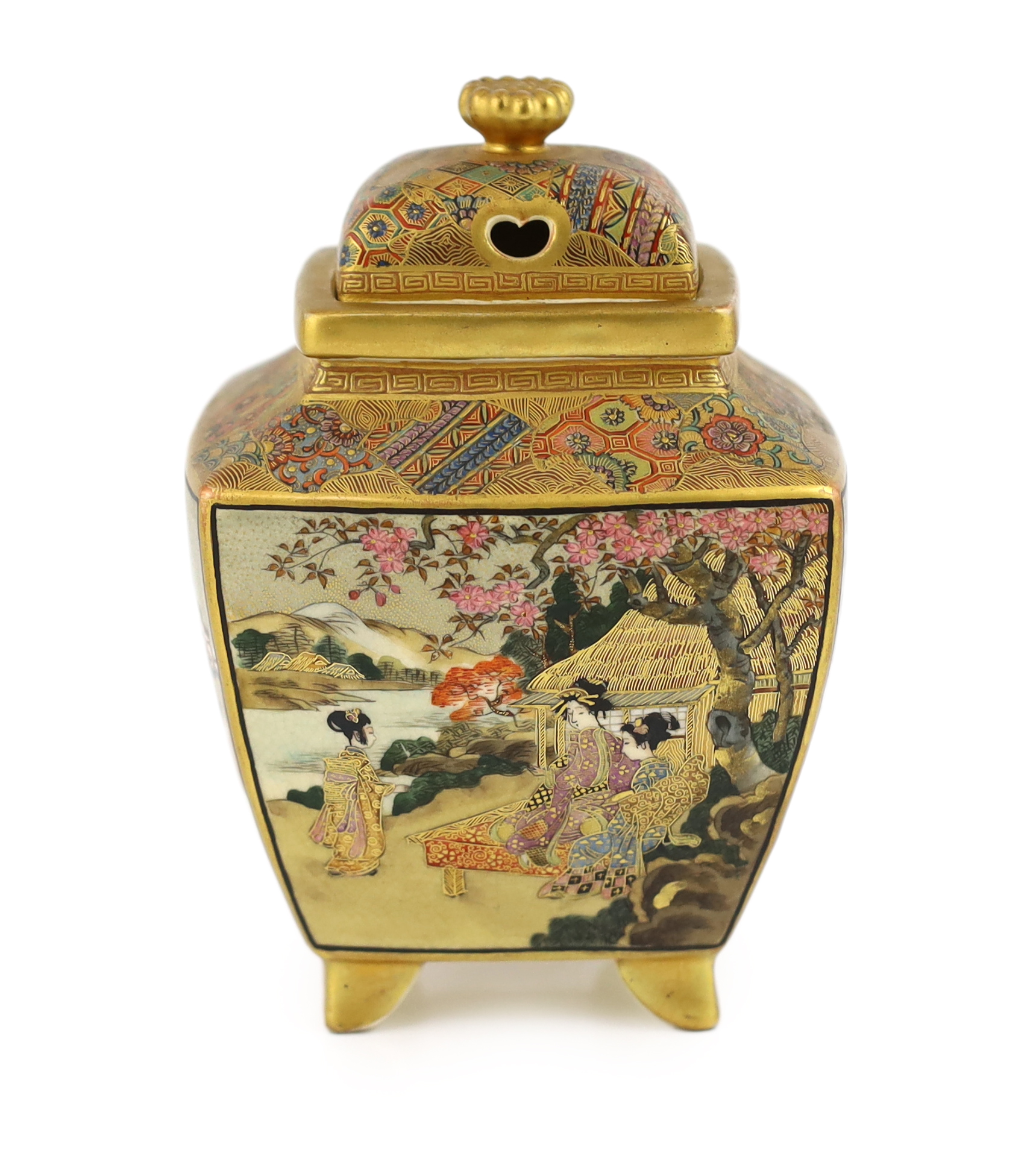 A Satsuma rectangular koro and cover, Meiji period